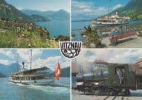 Vitznau Train Steam Ship Ferry Swiss Postcard