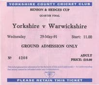 Yorkshire Warwickshire County Cricket Club 1991 Cup Ticket