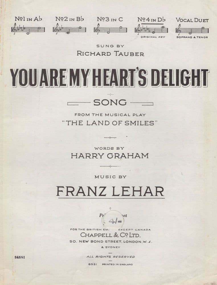 You Are My Hearts Delight Frank Lehar Richard Tauber Sheet Music