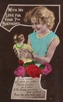 Young Girl With Action Man Type Doll Old Birthday Postcard