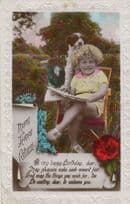 Young Girl With Wild Yellow Hair Dog RPC Greetings Postcard