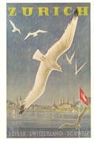 Zurich Bird Swan Swiss Flag River Verkehrsverein In WW2 Poster Postcard
