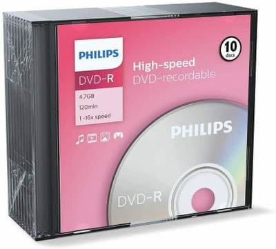 10 Philips DVD-R Disc in SLIM Jewel Cases - 10 Pack