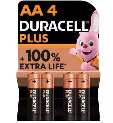4 Pack Duracell AA Batteries - Plus Power 100% Alkaline Batteries
