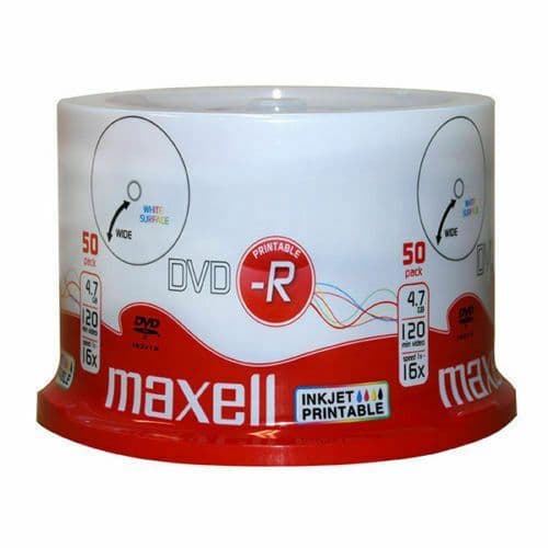 50 Inkjet Printable DVD-R Discs - Maxell 4.7GB 16X Speed | Cables 4 ALL