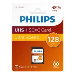 Philips 128GB SDXC Memory Card – Class 10 U1, Up to 80MB/s – Full HD