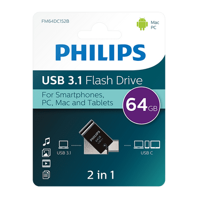 Philips 64GB USB 3.0 Flash Drive - USB C and A Dual Flash Drive