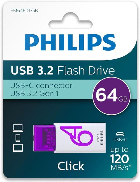 Philips 64GB USB-C Flash Drive Purple | USB 3.2 Gen 1 | Cables 4 ALL