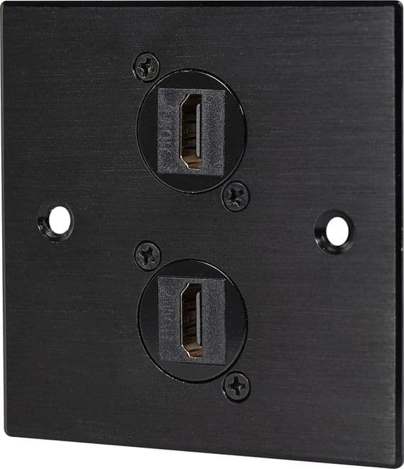 Twin HDMI Wall Plate – Black Metal, 1-Gang, Plug & Play | HDMI Sockets Front & Back