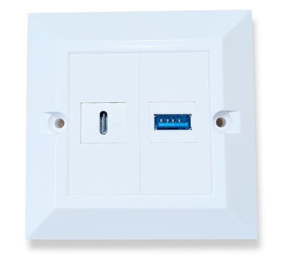 USB-C & USB 3.0 Type A White Wall Plate – 1 Gang