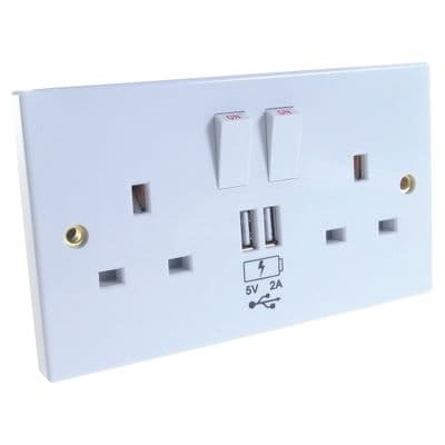 White 2 Way UK Mains Power Socket with USB Ports