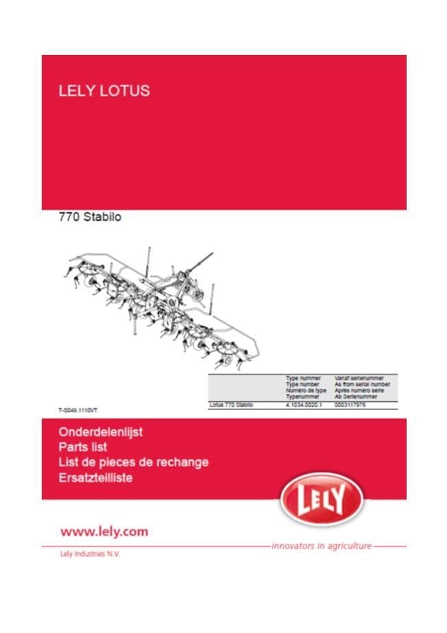 Lely Lotus 770 Tedder Parts Book PDF Digital download