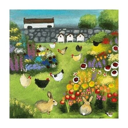In the Garden - Fine Art Blank Greeting / Birthday Card - Chickens Hens Rabbits