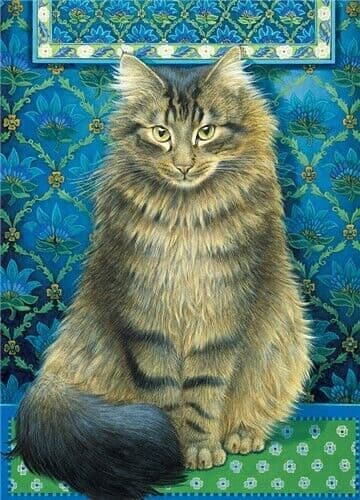 Ruskin Beside Satin - Art Blank Greeting / Birthday Card - Long Haired Tabby Cat