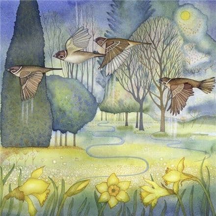 Sparrows in the Park - Fine Art Blank Greeting / Birthday Card - Birds Daffodils
