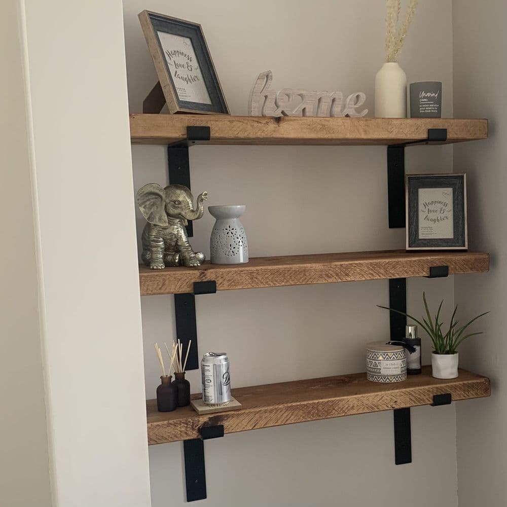 Rustic Wooden Shelf with Black Industrial Brackets - 22.5cm x 5cm