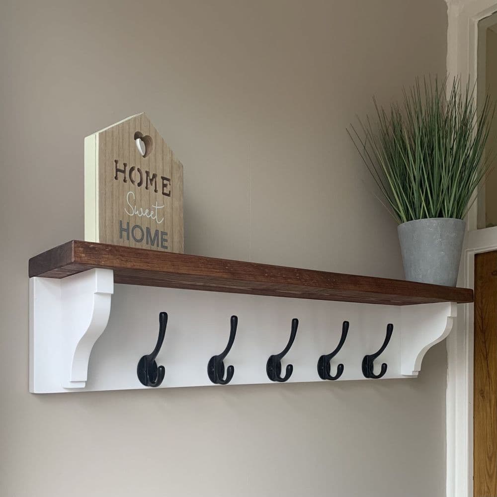 White Coat Rack with Rustic Wooden Shelf