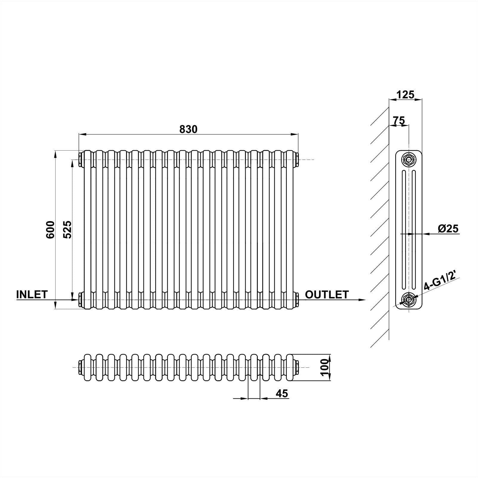 Designer Radiator - Column Horizontal Triple - 600 x 830mm - White