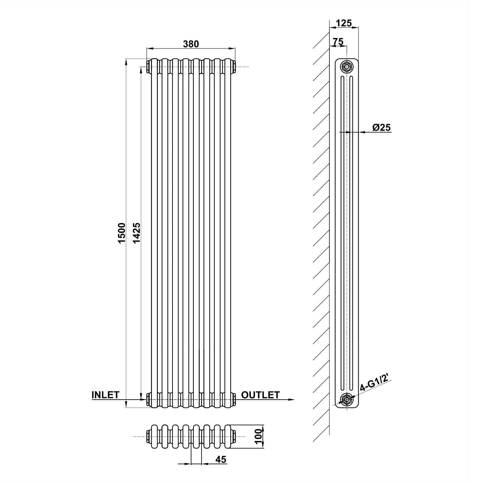 Designer Radiator - Column Vertical Triple - 1500 x 380mm - White