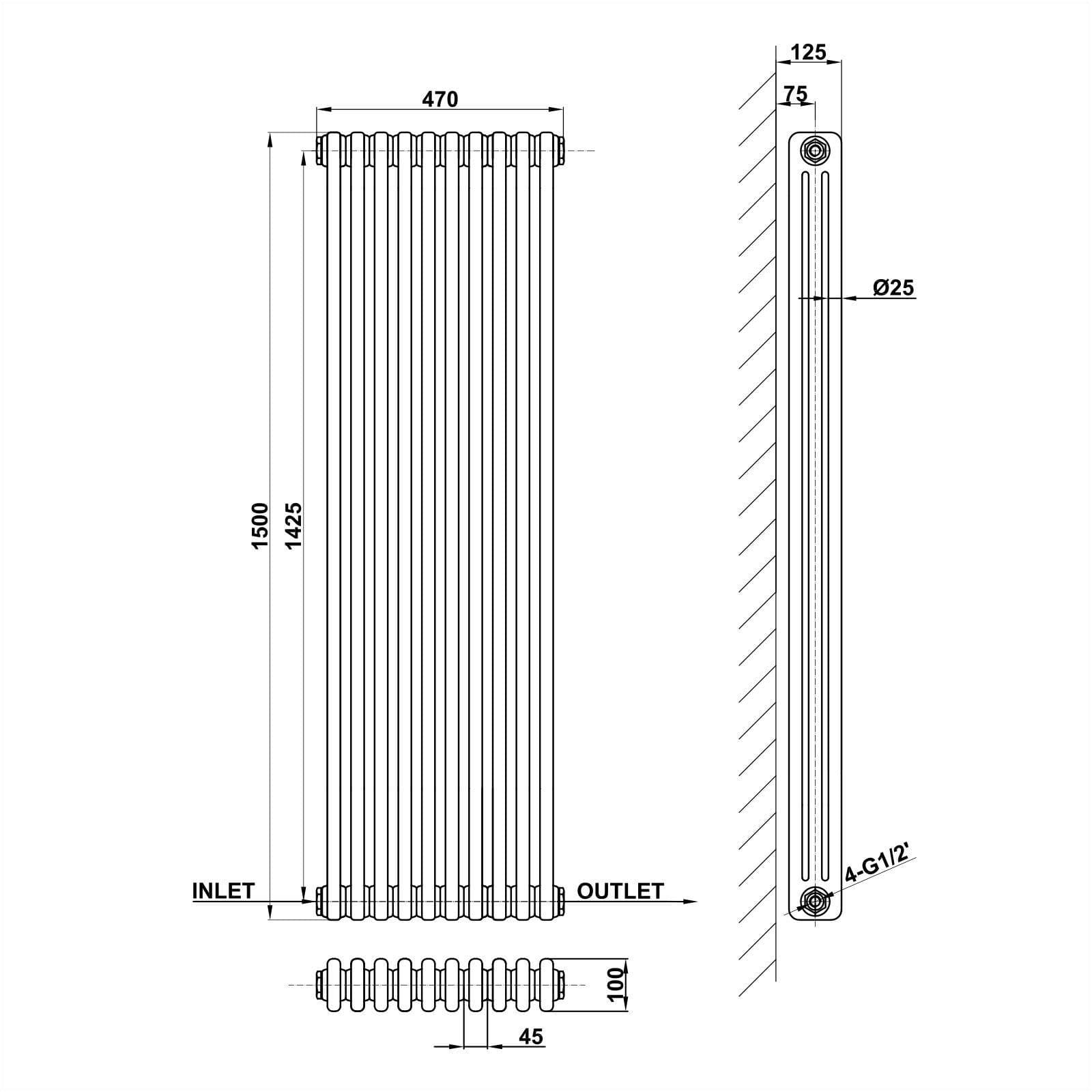 Designer Radiator - Column Vertical Triple - 1500 x 470mm - Anthracite Grey