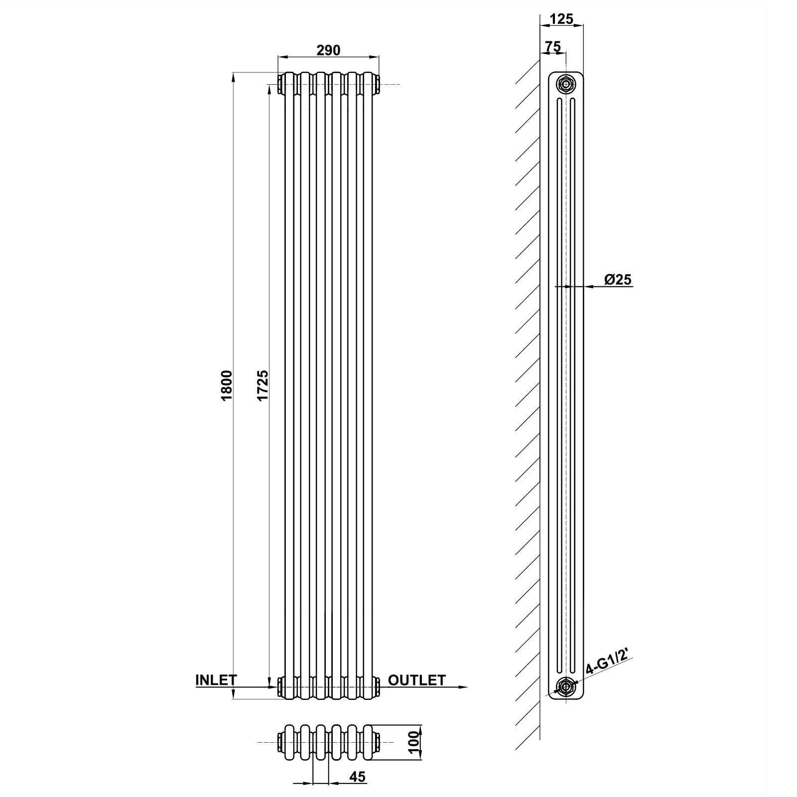 Designer Radiator - Column Vertical Triple - 1800 x 290mm - Anthracite Grey