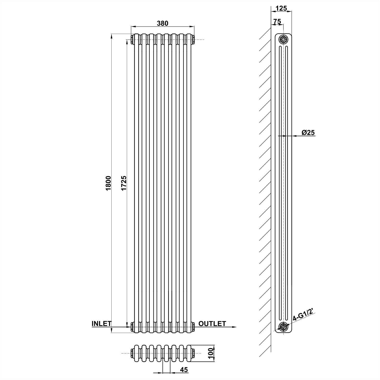 Designer Radiator - Column Vertical Triple - 1800 x 380mm - White