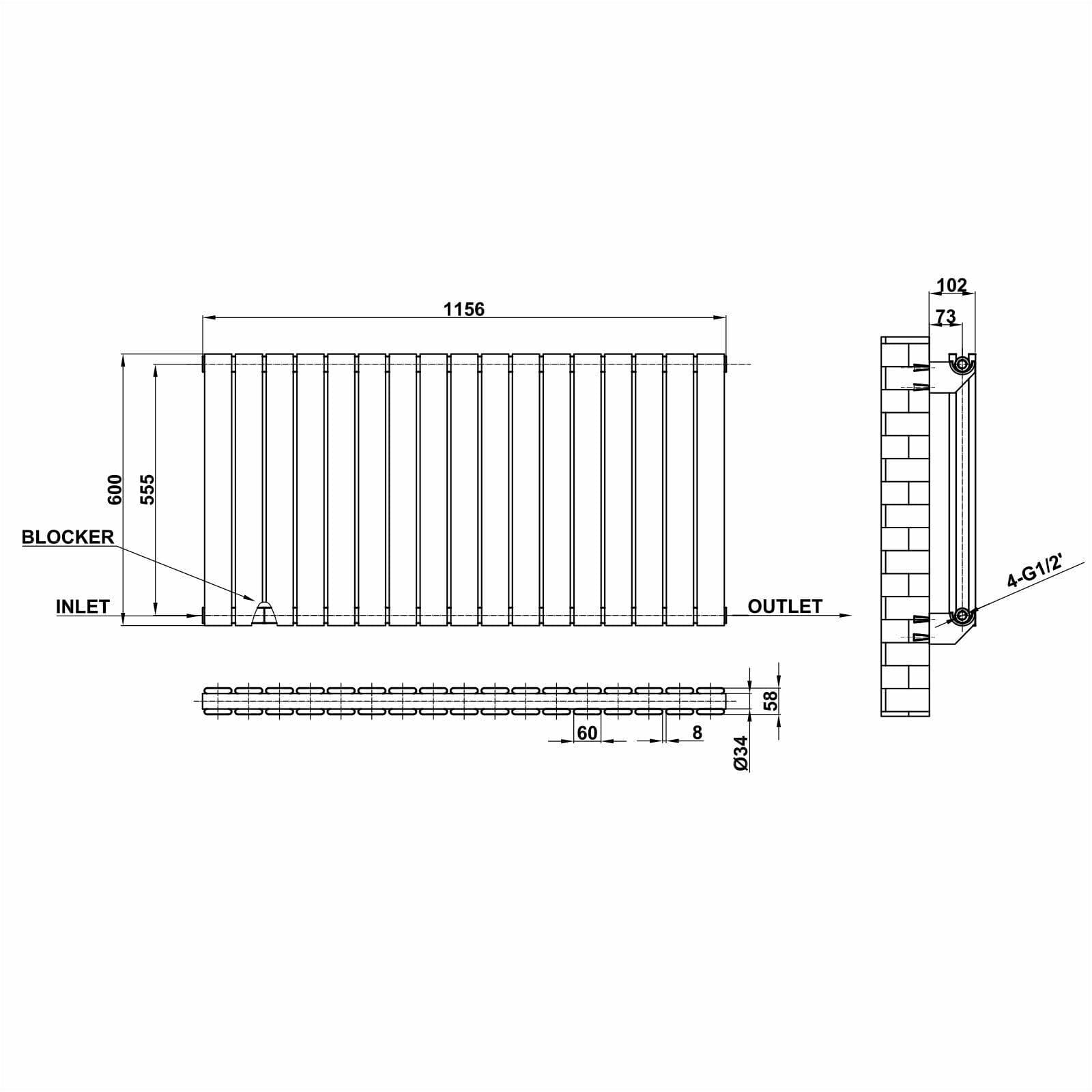 Designer Radiator - Flat Panel Horizontal Double - 600 x 1156mm ...
