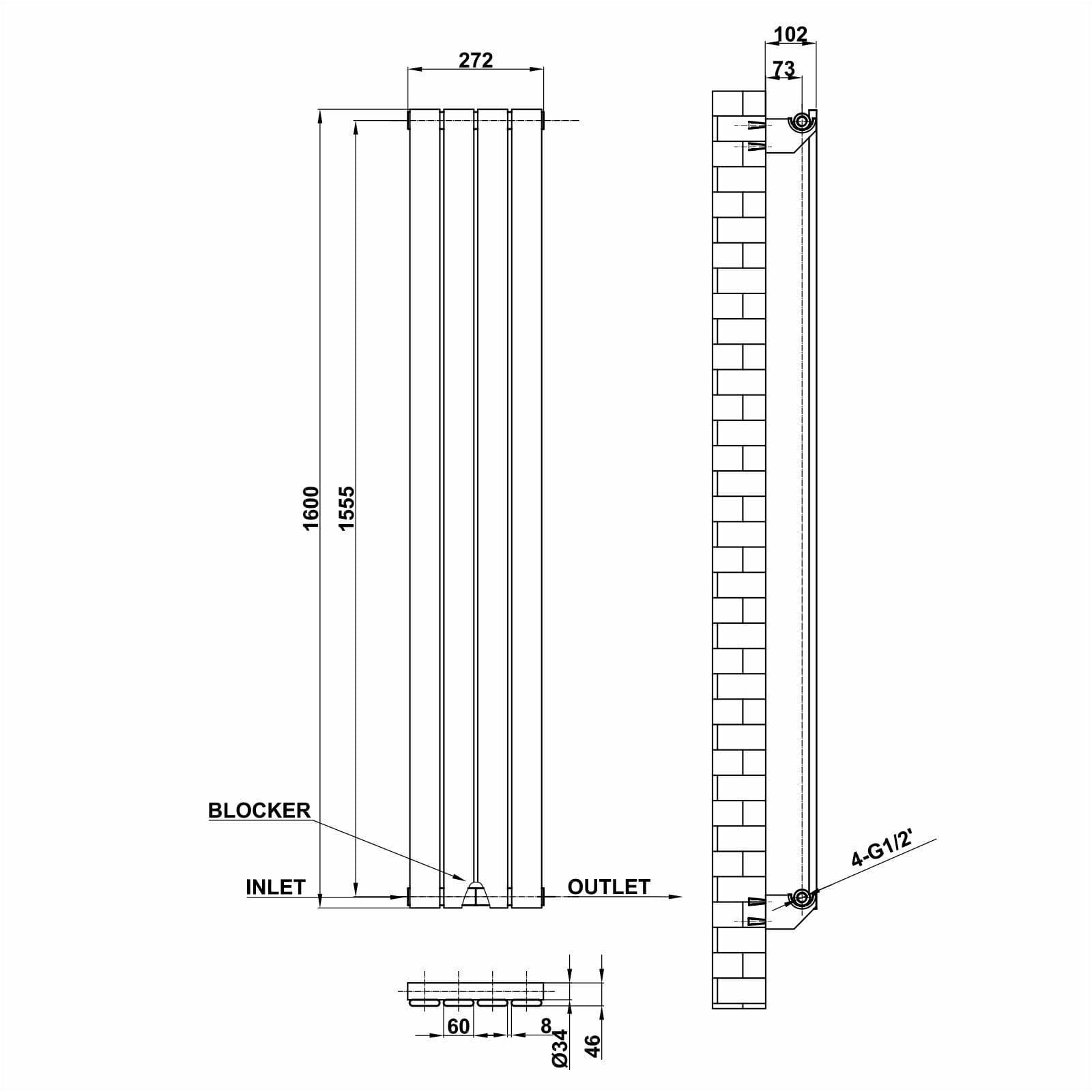 Designer Radiator Flat Panel Vertical Single 1600 x 272mm White