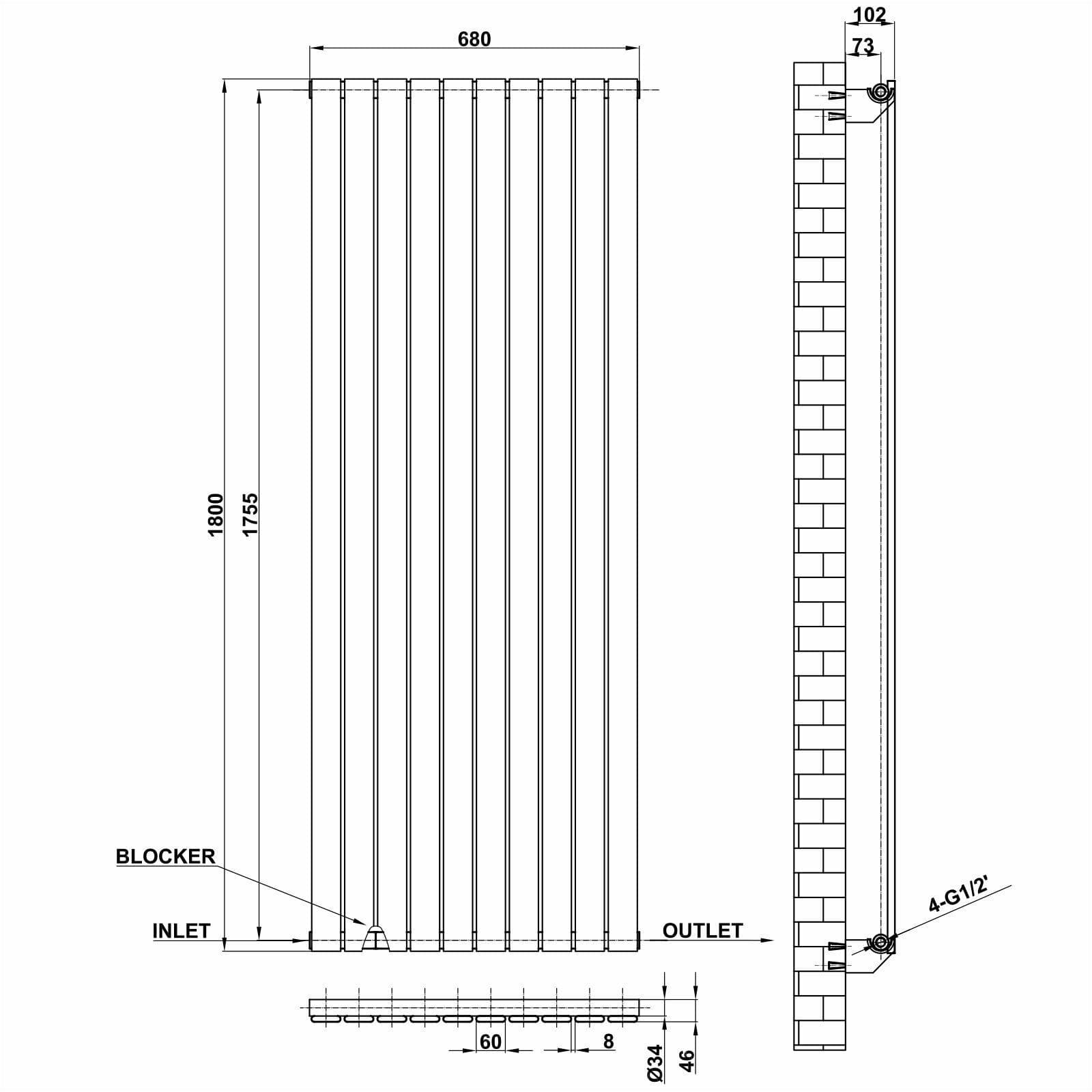 Designer Radiator - Flat Panel Vertical Single - 1800 x 680mm - White