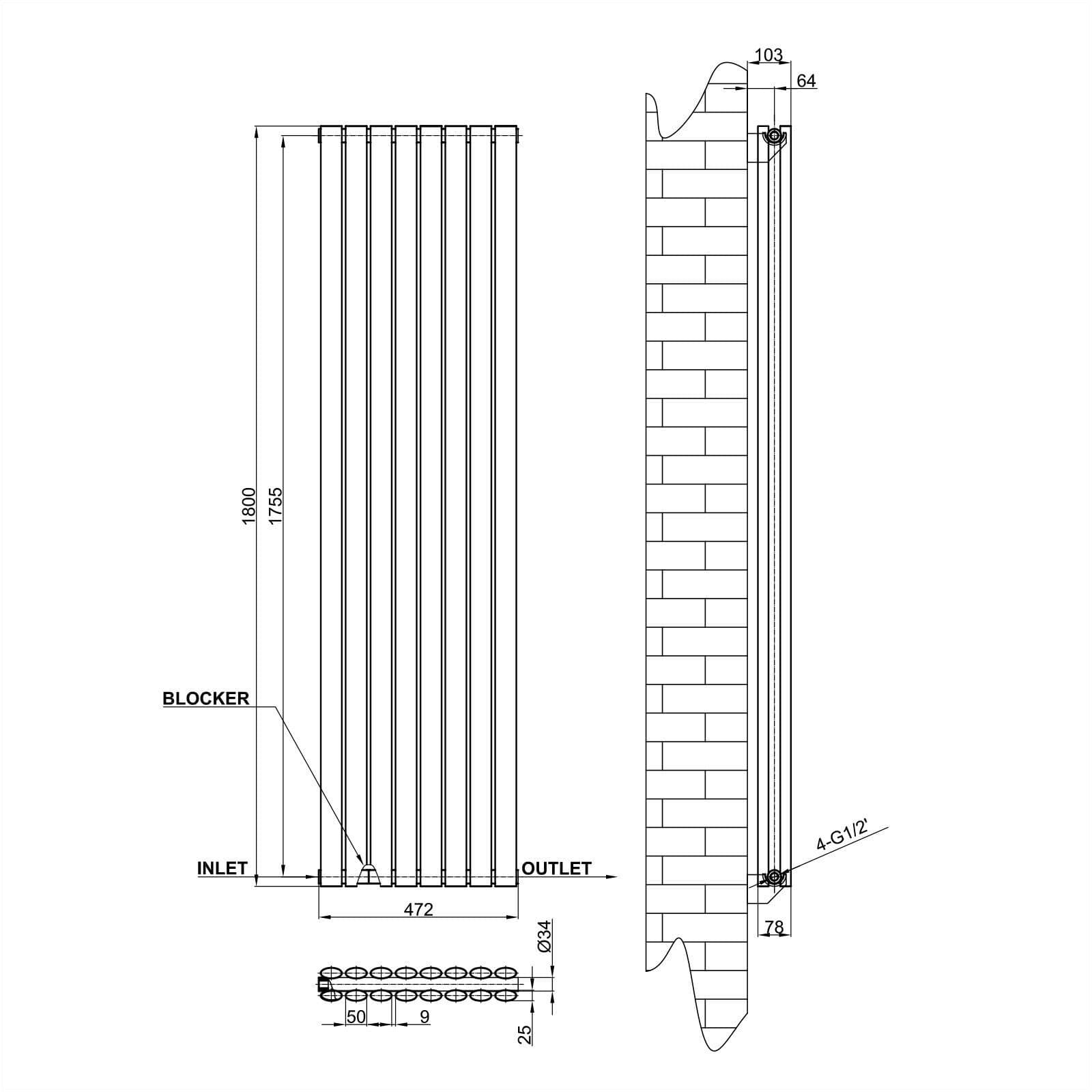 Designer Radiator - Oval Panel Vertical Double - 1800 x 472mm ...
