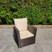 4 Piece Rattan Bistro Patio Outdoor Garden Furniture Set: Brown with Cream Cushions