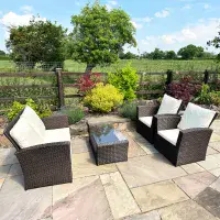 4 Piece Rattan Bistro Patio Outdoor Garden Furniture Set: Brown with Cream Cushions
