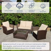 4 Piece Rattan Bistro Patio Outdoor Garden Furniture Set: Brown with Cream Cushions