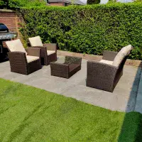 4 Piece Rattan Bistro Patio Outdoor Garden Furniture Set: Brown with Cream Cushions