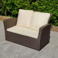 4 Piece Rattan Bistro Patio Outdoor Garden Furniture Set: Brown with Cream Cushions