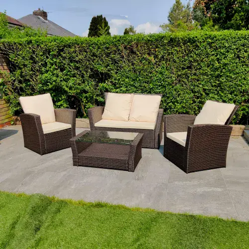 4 Piece Rattan Bistro Patio Outdoor Garden Furniture Set: Brown with Cream Cushions