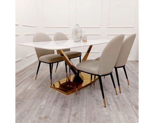 Aires Gold Dining Table with Polar White Sintered Stone Top & 4 Chairs Set
