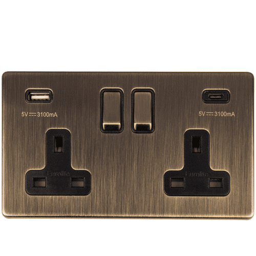 Eurolite 2 Gang Switched Socket with 2x USB: Flat Concealed Antique Plate Matching Rockers