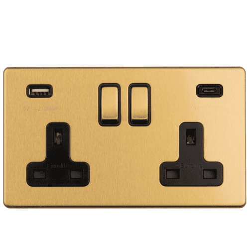 Eurolite 2 Gang Switched Socket with 2x USB Flat Concealed Satin Brass Plate Matching Rocker