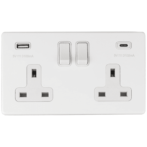 Eurolite 2 Gang Switched Socket with 2x USB:Flat Concealed White Plate White Rockers