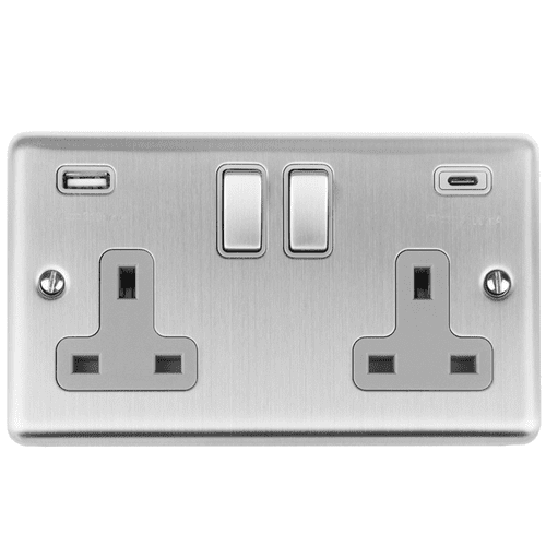 Eurolite 2 Gang Switched Socket with 2x USB: Satin Enhance Range Grey Trim