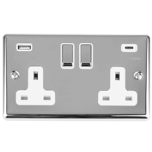 Eurolite 2 Gang Switched Socket with 2x USB: Satin Enhance Range White Trim