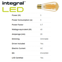 Integral LED 5W Filament Lamp: Ultra Warm 1800K Dimmable: 10 Pack