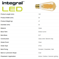 Integral LED 5W Filament Lamp: Ultra Warm 1800K Dimmable: 10 Pack