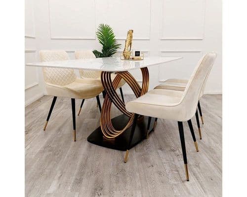 Lima Gold Dining Table with Polar White Sintered Stone Top & 4 Chairs Set