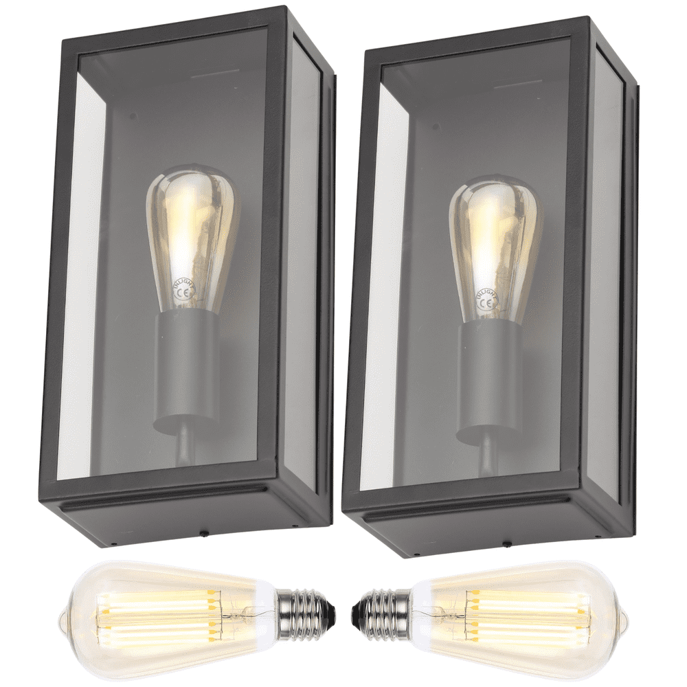 Outdoor Mains LED Wall Light Boxed Lantern: Black: Twin Pack
