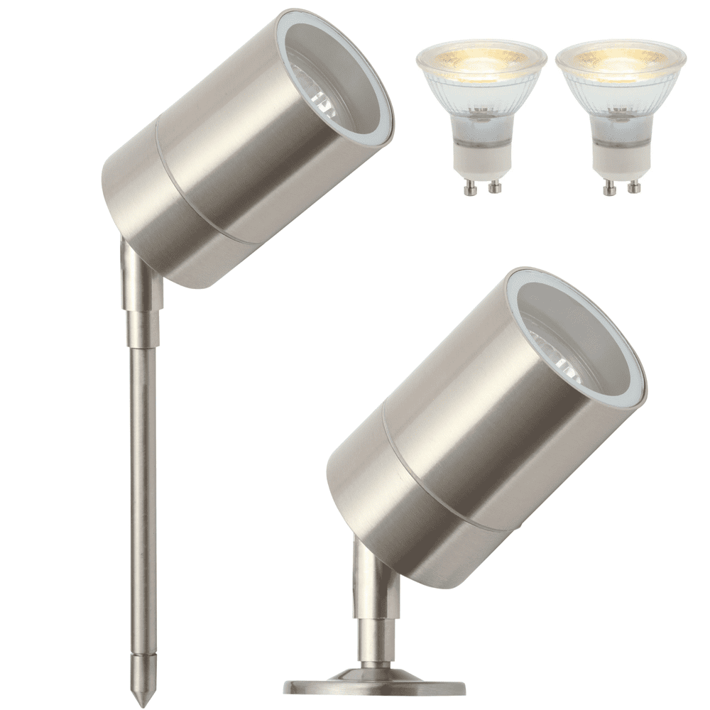 Outdoor Mains Spike Light with Dual Mount Options: Twin Pack: Stainless Steel