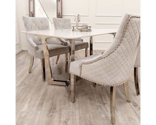 Porto Chrome Dining Table with Polar White Sintered Stone Top & 4 Chairs Set