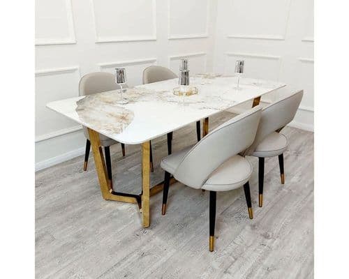 Porto Gold Dining Table with Pandora Gold Sintered Stone Top & 4 Chairs Set