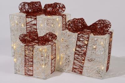 Kaemingk LED Set Of 3 Gift Boxes - Warm White Red Bow